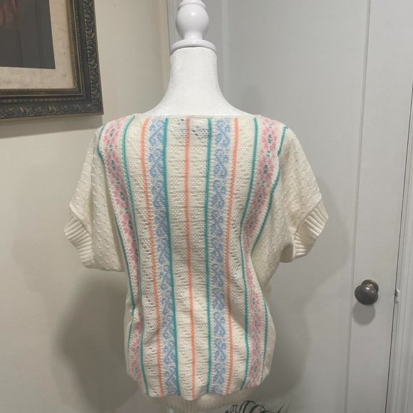 Vintage 80’s Cream & Pastel Striped Short Sleeve Sweater  By Bay Point Trading - Picture 4 of 4